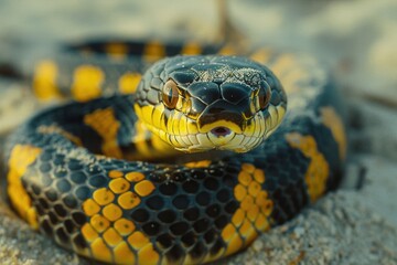 Fototapeta premium A close-up shot of a snake's head on a sandy surface
