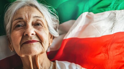 Elderly woman celebrating cultural pride with a flag background