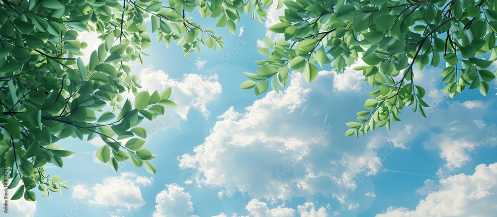Canvas Prints copy space image of green tree branches set against fluffy white clouds in a tinted blue sky suitabl
