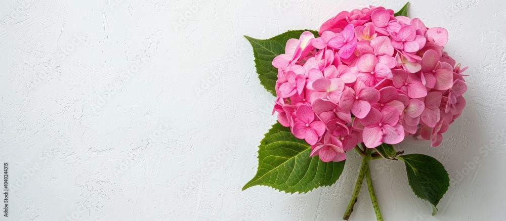 Wall mural top view of a solitary pink hydrangea flower on a clean white surface for adding text a copy space i