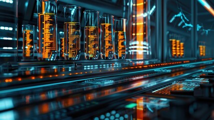 Medical research lab with glowing test tubes and digital charts