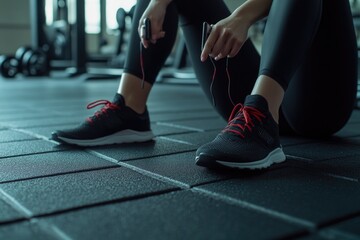 A woman sits on the ground, focusing on tying her shoelaces