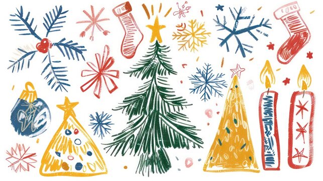 Children's crayon drawing of Christmas theme in festive attire celebrating with Christmas tree.