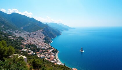 Fototapeta premium Enchanting coastal view with vibrant blue waters and lush green hills