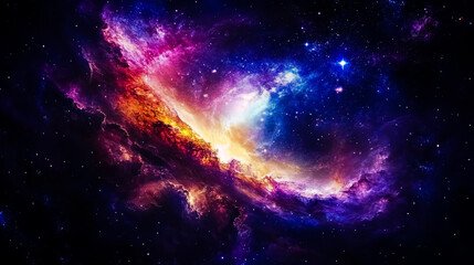 Distant galaxy, swirling clouds of gas and dust illuminated by vibrant colors, deep space background.