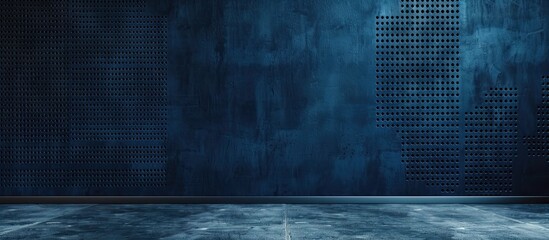 Navy blue wall with a perforated box pattern adds texture to the scene ideal for showcasing a copy space image