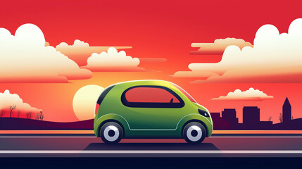 Fototapeta premium Green electric car driving on a road with a red sunset, white clouds in the background, sustainable energy theme, futuristic and commercial-friendly