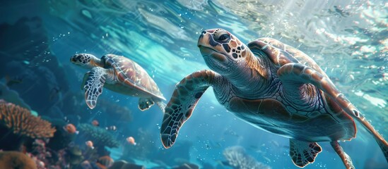 Obraz premium Sea turtles gracefully moving through the ocean with a beautiful underwater backdrop and plenty of copy space image