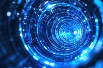 Obraz premium A mesmerizing blue tunnel effect with bright lights creating a dynamic sense of depth and motion in a digital space.