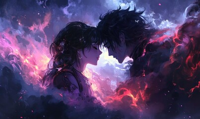 Fototapeta premium Enchanted Connection in Fiery Cosmic Clouds