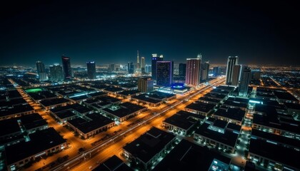 Fototapeta premium Bright cityscape at night illuminated skyscrapers and streets urban nightlife
