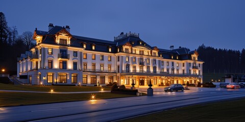 Naklejka premium A grand and beautifully illuminated historic building, showcasing exquisite architectural details, stands majestically against the night sky, offering a glimpse into timeless elegance and luxury