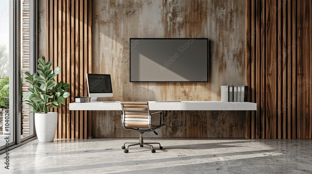 Poster Modern workspace with minimalistic design and digital boards