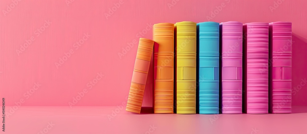 Poster colorful books displayed on a pink background with a copy space image for adding text
