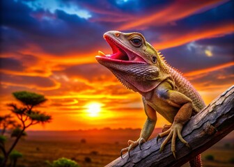 Fototapeta premium Silhouette of a Lizard with Red Tongue on a Branch at Sunset - Nature Photography