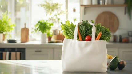 Sunlit kitchen setting with vegetables in tote bag.