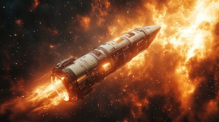 Fototapeta premium A futuristic rocket soaring through cosmic orange and yellow flames