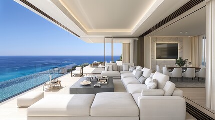 Fototapeta premium Luxurious modern terrace overlooking the tranquil blue ocean with comfortable seating and dining area under a stylish roof design capturing serenity