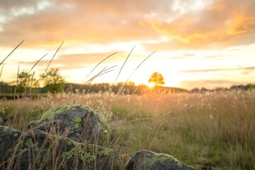 A serene moment during sunset or sunrise, where the sun casts a warm golden hue over a field of tall grasses