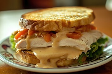 A delicious chicken sandwich served on a plate with fresh lettuce, tomato, and melted cheese