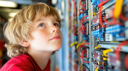 Fototapeta premium Young boy exploring electrical components in a workshop during afternoon hours