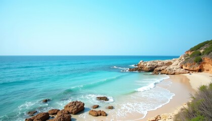  Tranquil beach cove with clear blue waters and rocky outcrops