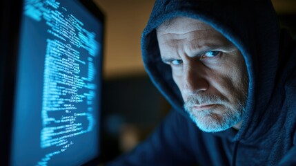Mysterious individual coding intensely at night in a dimly lit room with glowing computer screen
