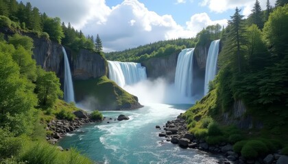 Fototapeta premium Natures grandeur A breathtaking waterfall in a lush forest