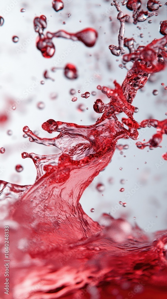 Poster dynamic splash of red liquid captured in motion, showcasing vibrant droplets and textures against a 