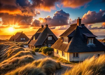 Silhouette of Typical Frisian Houses with Straw Roofs on Sand Dunes in Kampen, Sylt Island, Germany at Sunset