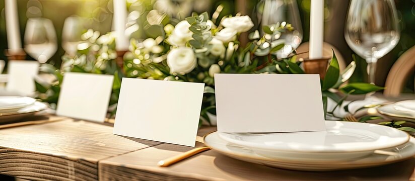 Chic green place cards on wedding table ideal for guest seating with empty copy space image adding elegance to the reception