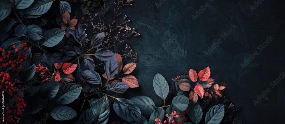 Poster digitally created copy space image with botanical elements on a dark backdrop representing nature sh