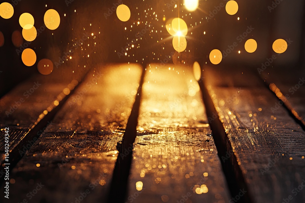 Wall mural sparkling bokeh lights shimmer above a rustic wooden surface, creating a warm and inviting atmospher