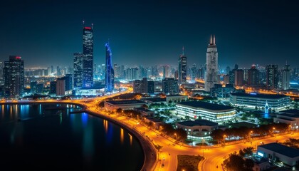 Fototapeta premium Vibrant cityscape at night illuminated by bright lights and reflecting off the water