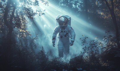 Obraz premium Astronaut Exploring Mystical Forest Landscape