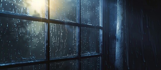 A rainy day scene with raindrops streaming down a window creating a gloomy background for a copy space image emphasizing melancholy weather with focused details