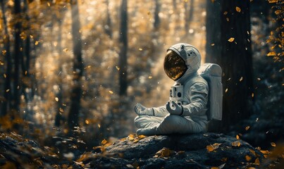 Fototapeta premium Astronaut Meditating in Autumn Forest