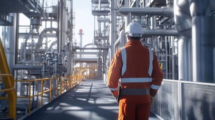 A worker in an oil and gas facility, wearing safety gear like a hard hat and a high visibility safety coverall with reflective stripes