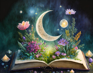 A fantastical digital art piece featuring a vibrant, glowing crescent moon suspended above a lush, miniature garden contained within an open book, set against a dark background - generated by ai 