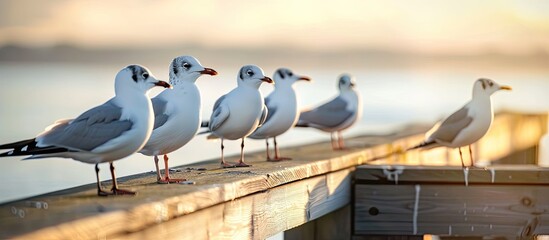 Black headed gulls perching on rooftop in daylight with copy space image