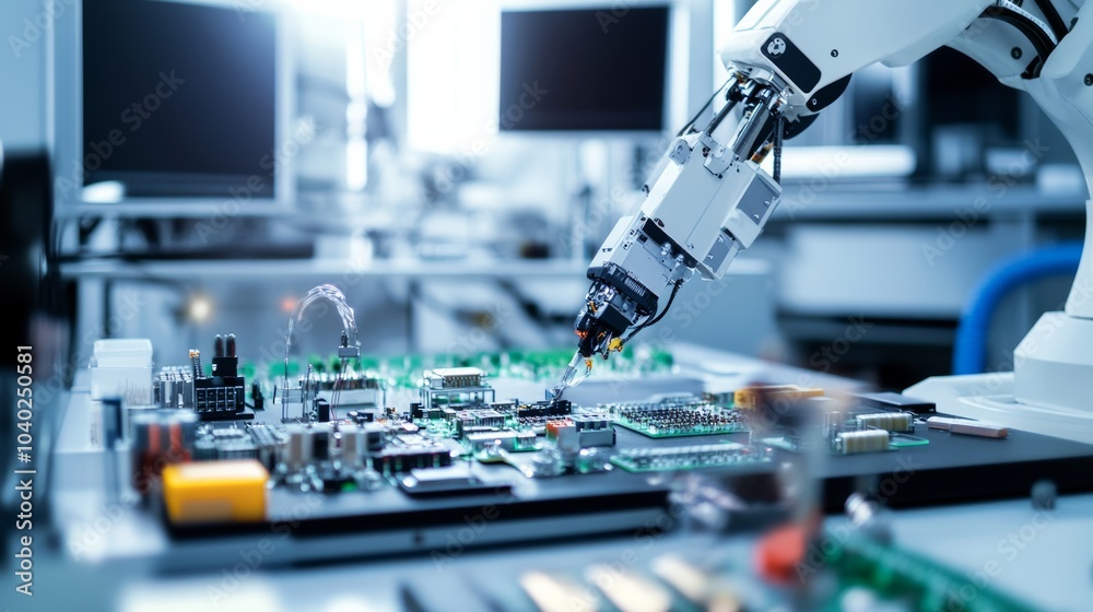 Poster A robot performing precision assembly tasks on intricate electronic components in a clean, high-tech electronics lab with organized workstations, Electronics assembly tech style