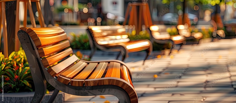 Poster outdoor seating with a curved edge showcased in a shallow depth of field emphasizing a focal point i