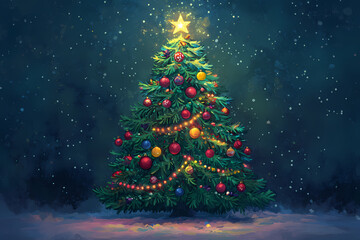 A festive illustration of a Christmas tree adorned with colorful ornaments, twinkling lights, and a shining star on top