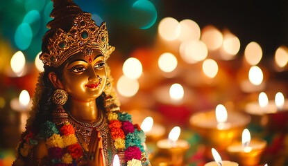 Diwali,Colorful clay diya lamps with flowers Diwali, Hindu festival of lights celebration. Diya oil lamps against dark background,