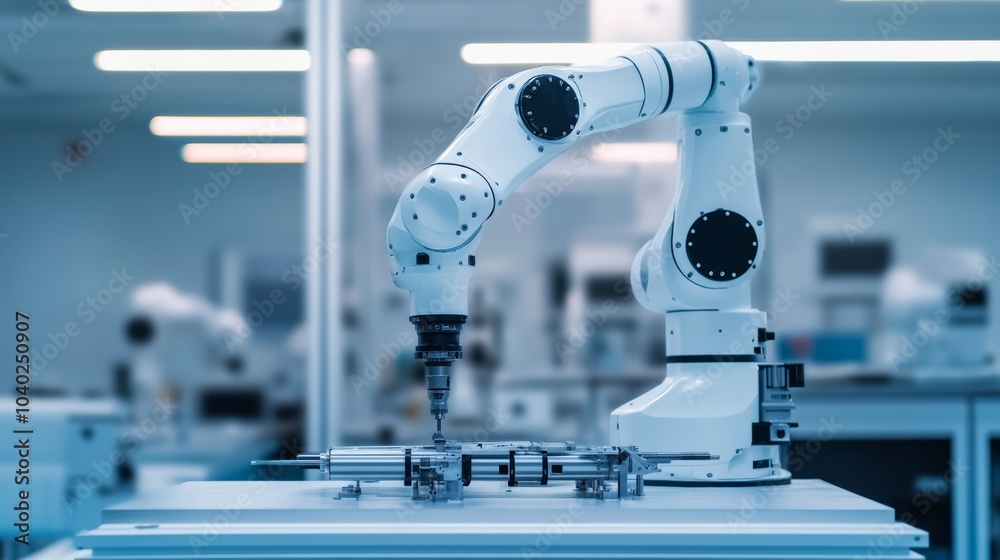 Aufkleber A robot performing precision calibration on advanced robotics equipment in a modern robotics workshop, clean and detailed environment, Calibration-tech style