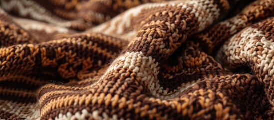 Obraz premium Close up of a knitted blanket in brown and beige with a pattern providing a large copy space image