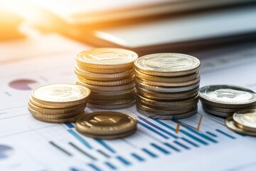 Stacks of coins resting on financial graphs in sunlight