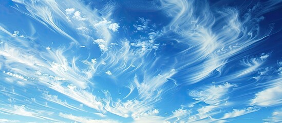 Nature backdrop of a clear blue sky with uniquely shaped white clouds resembling a painted sky ideal as a natural template with copy space image