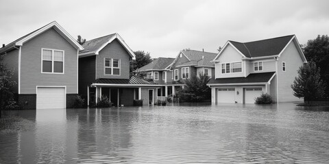 A black and white photograph of a flooded neighborhood, showing the impact of heavy rainfall or storm surge