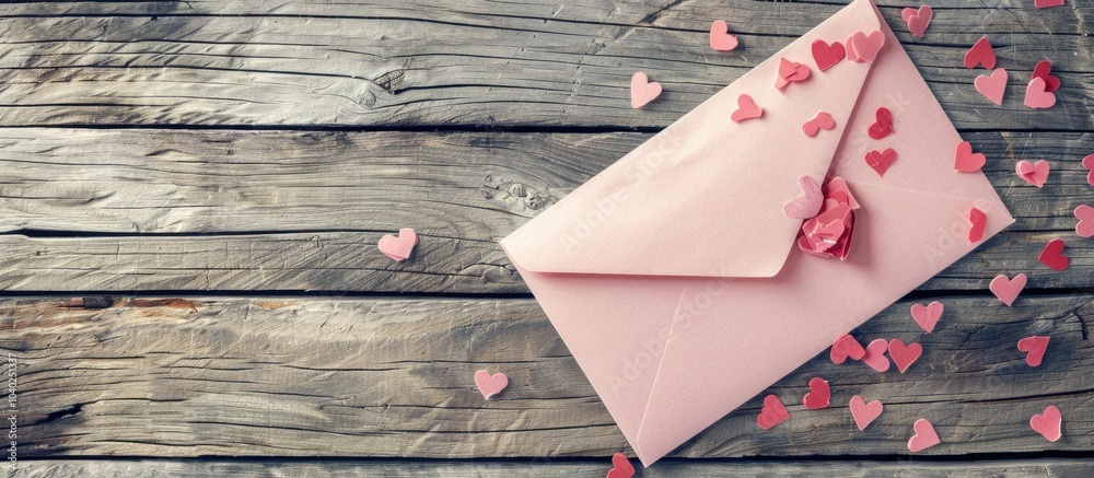 Poster top view of a love letter on a wooden surface with a pink envelope and heart shaped decorations emph